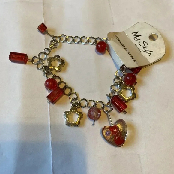 My Style Pink Murano Adjustable Bracelet 8” Silver Plated Heart Shape Charm - Picture 6 of 8